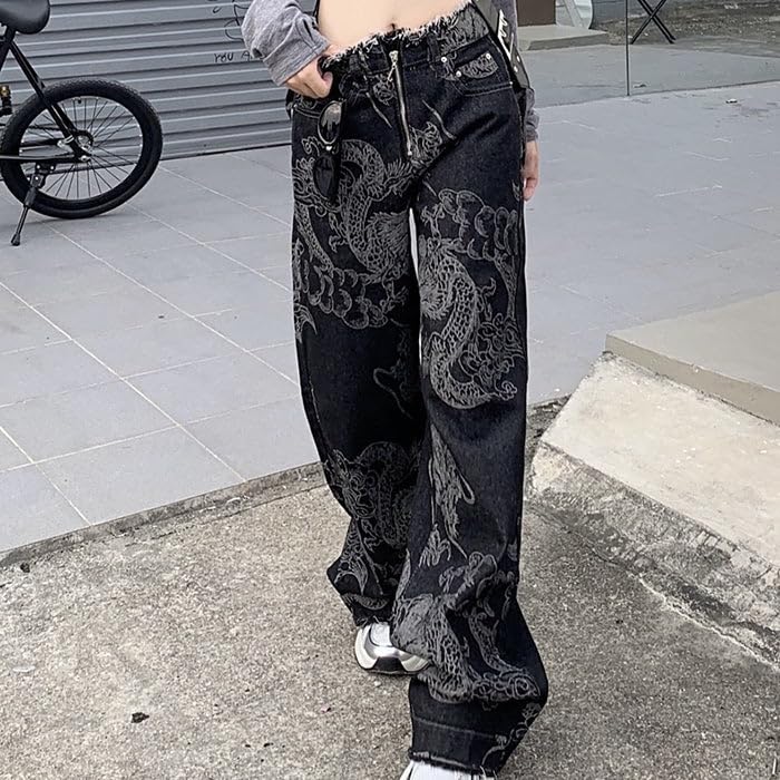 Y2K Aesthetic Cargo Track Pants, Cyber Fairy Grunge Pants, Casual Dragon Aesthetic Jeans, Gothic Ripped Pants4