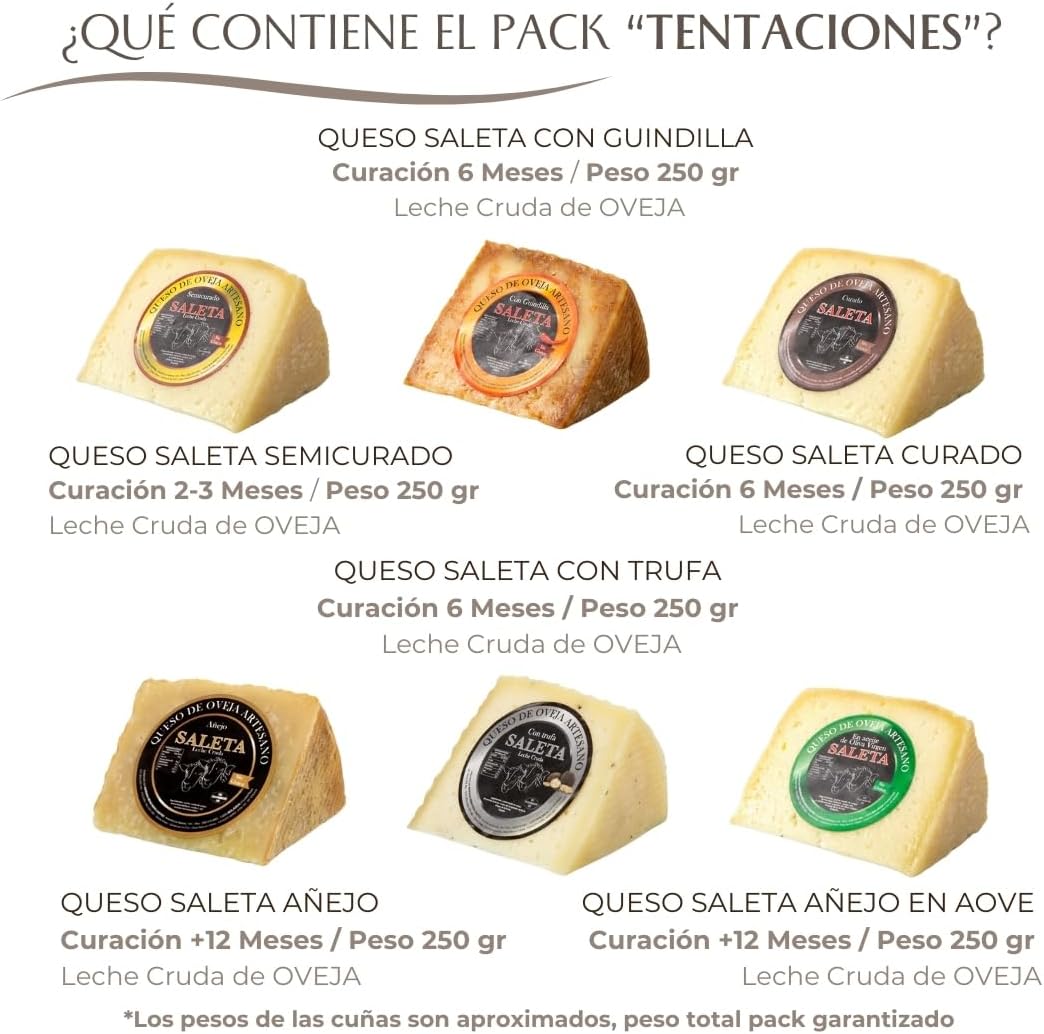 Amaisso® Cesta Quesos Gourmet Regalo | Queso Oveja de La Mancha | 6 Cuñas Queso Semicurado, Curado, con Guindilla, Trufa, Añejo y en Aceite de Oliva Virgen Extra | "Pack Tentaciones 1,5Kg" Saleta - Imagen 2