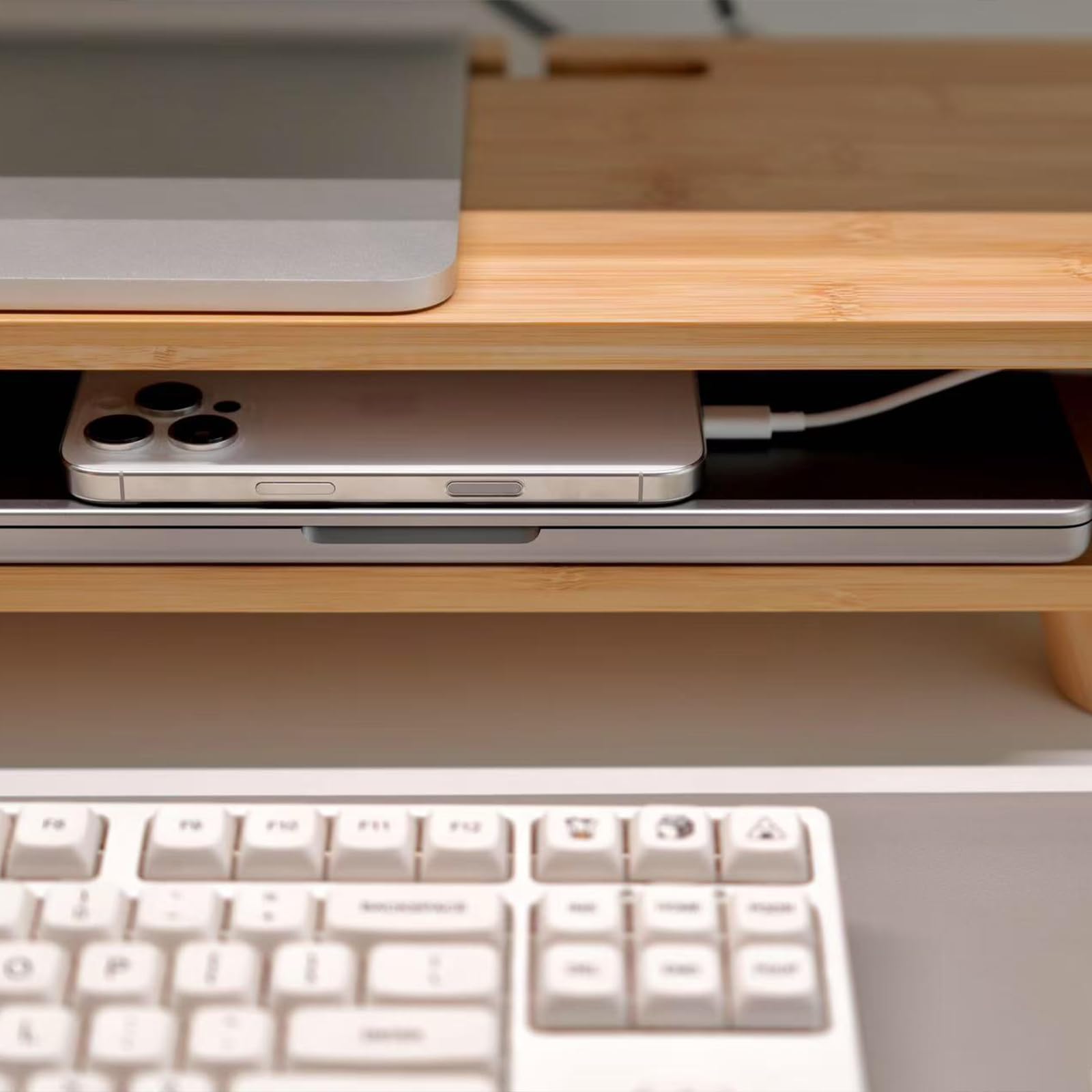 Supporto per monitor in bambù con cassetto, alzata ergonomica per computer per scrivania con gestione dei cavi e organizer per archiviazione, supporto per monitor in legno per casa e ufficio