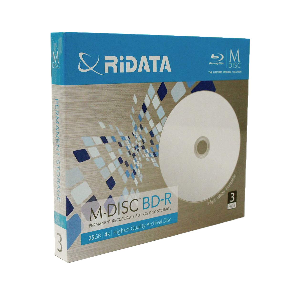 3 Pack Ridata M-Disc BD-R 25GB 4X White Inkjet Hub Printable HD 1000 Year Permanent Data Archival/Backup Blank Media Recordable Disc with Jewel Case