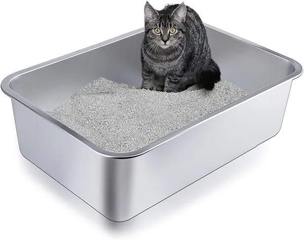 Stainless Steel Litter Box, Metal Cat Litter Box with High Sided for Big and Small Cats, Kitty Litter Boxes, Non-Stick, Easy to Clean, Sturdy and Durable Cat Toilet (17.52" L x 13.6" W x 6" H)