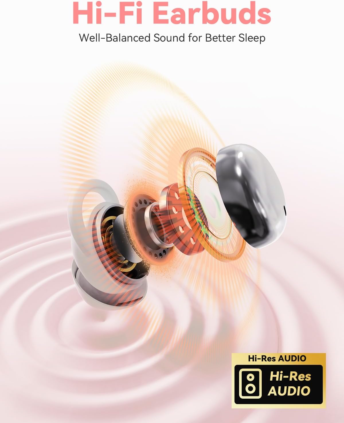 Ngabeledug view of a Hi-Fi earbud showing internal audio components and Hi-Res Audio logo.