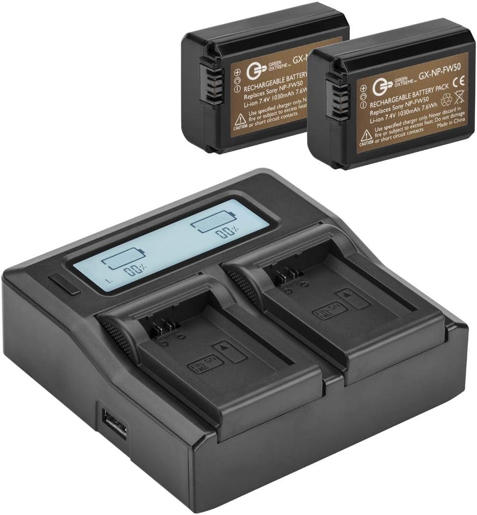 2 Pack Replacement NP-FW50 Battery & LCD Display Dual Channel Charger For ZV -E10, Alpha A5100, A6000, A6300, A6400, A6500, Alpha A7, A7 II, A7R, A7R II, A7S, A7S II, Cyber-Shot DSC-RX10 II