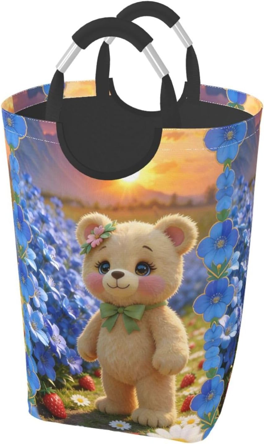 Sunset Bloom Bear Foldable Dirty Laundry Bag, Waterproof Oxford Fabric With Pe Board Base, 50l Capacity For Home & Travel