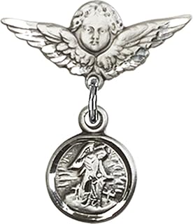 Sterling Silver Baby Badge with Guardian Angel Charm and Angel w/Wings Badge Pin 3/4 X 3/4 inches