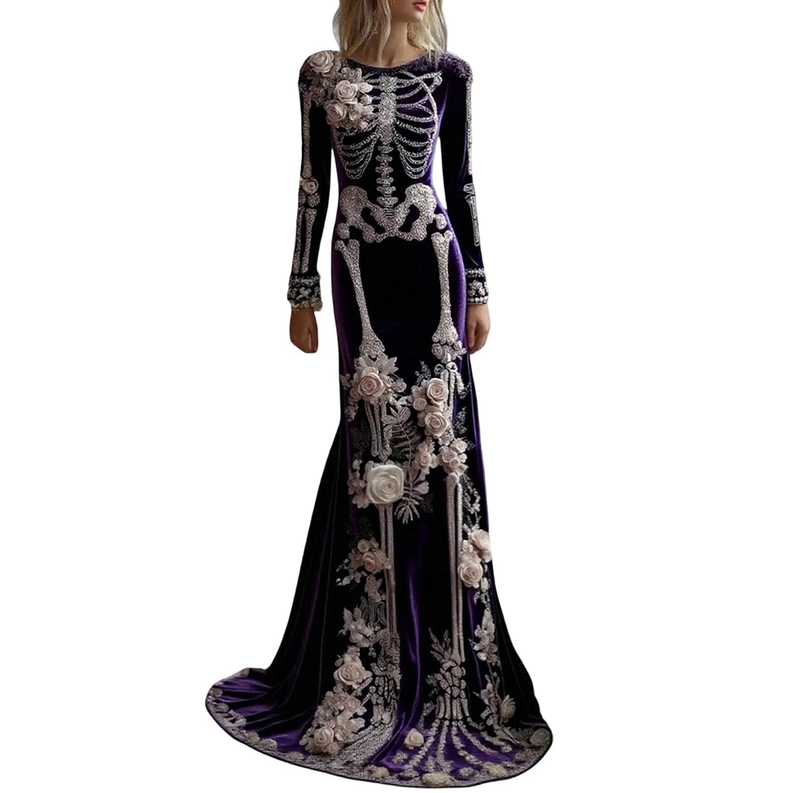 Women's Skeleton Print Mermaid Maxi Dress Long Sleeve Halloween Dresses for Women 3D Digital Print Floral Gothic Fancy Dress Costume — image 1