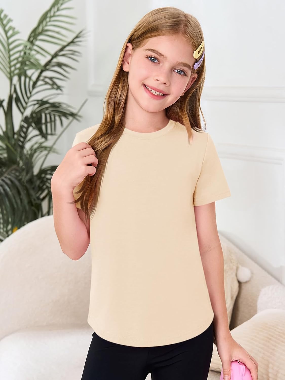 Haloumoning Girls Short Sleeve T Shirts Kids Summer Crewneck Tops Curved Hem Tees 5-14 Years - Image 3