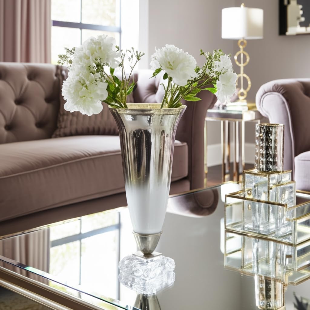 Sagebrook Home Glass Vase with Glam Metallic Finish, Elegant Aluminum and Glass, Modern Decorative Accent for Home, Office, Bedroom, or Living Room - 15" Silver