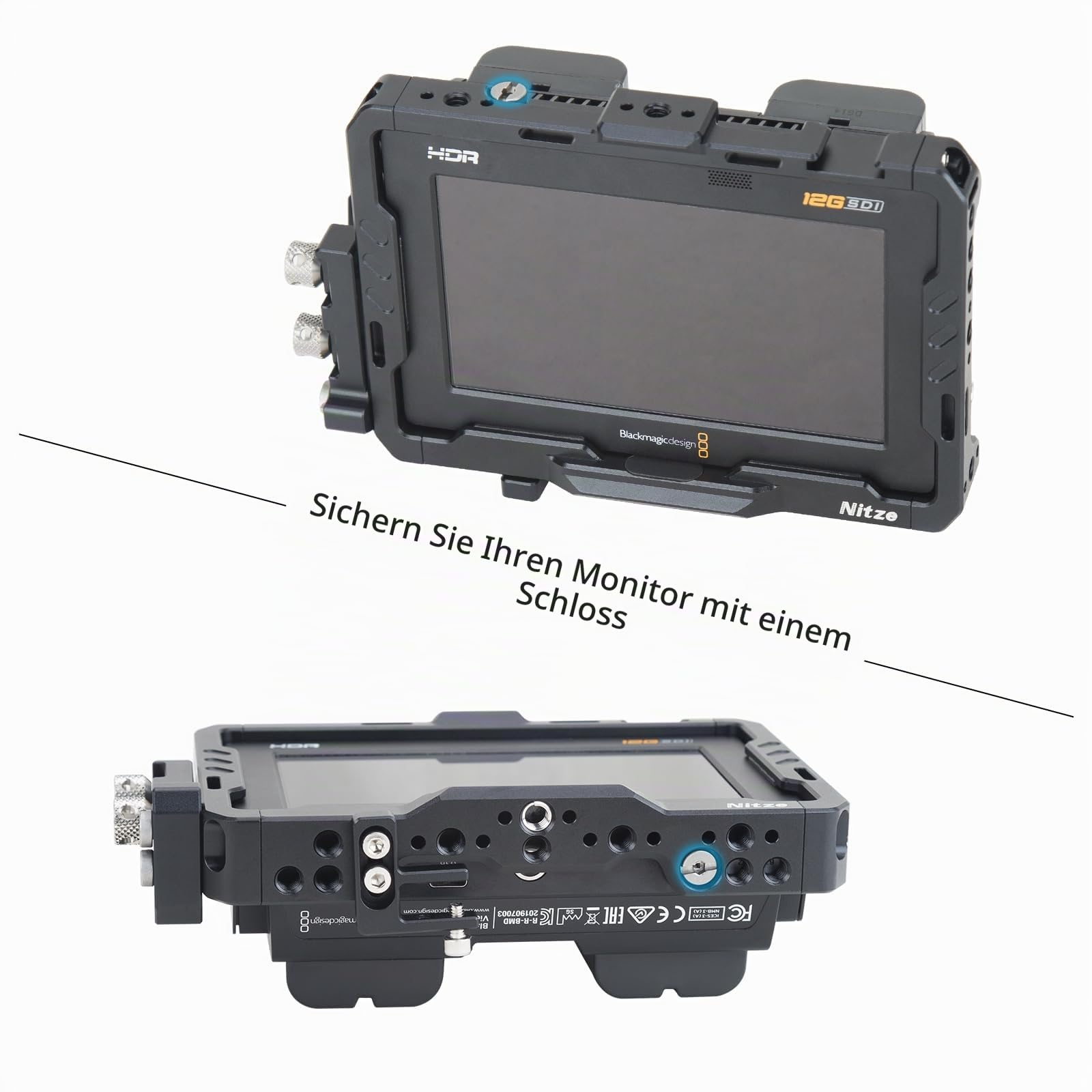 Nitze Cage Kit for Blackmagic Video Assist 5" 12G / 3G with Sunhood, HDMI and USB-C Cable Clamps - JT-B01B