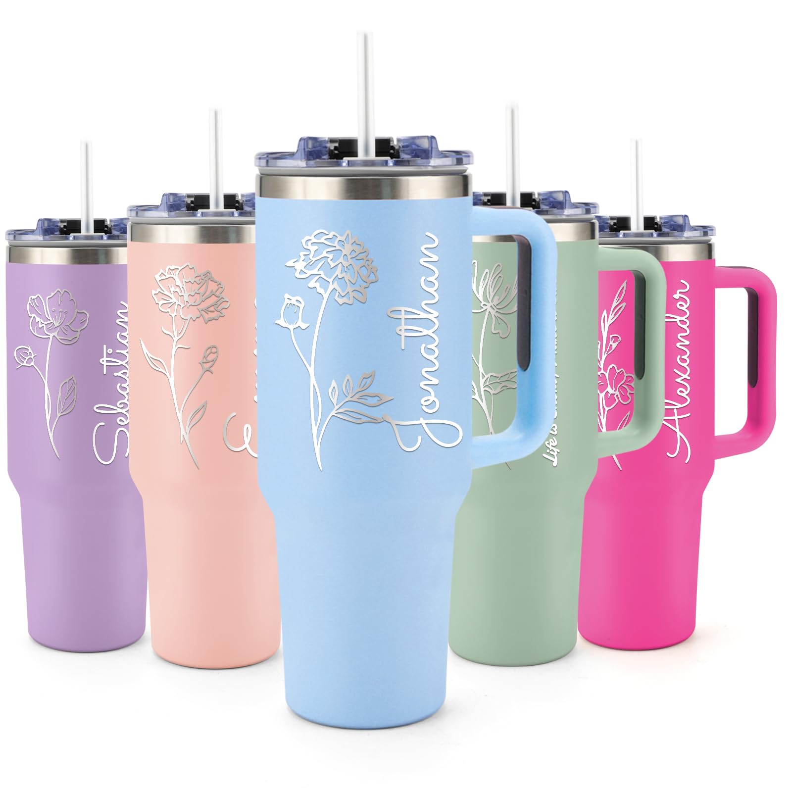 KrazeKK Personalized Flower Tumbler with Handle and Straw, 40 Oz Custom Insulated Stainless Steel Tumbler with Name/Text, Customized Travel Coffee Mug