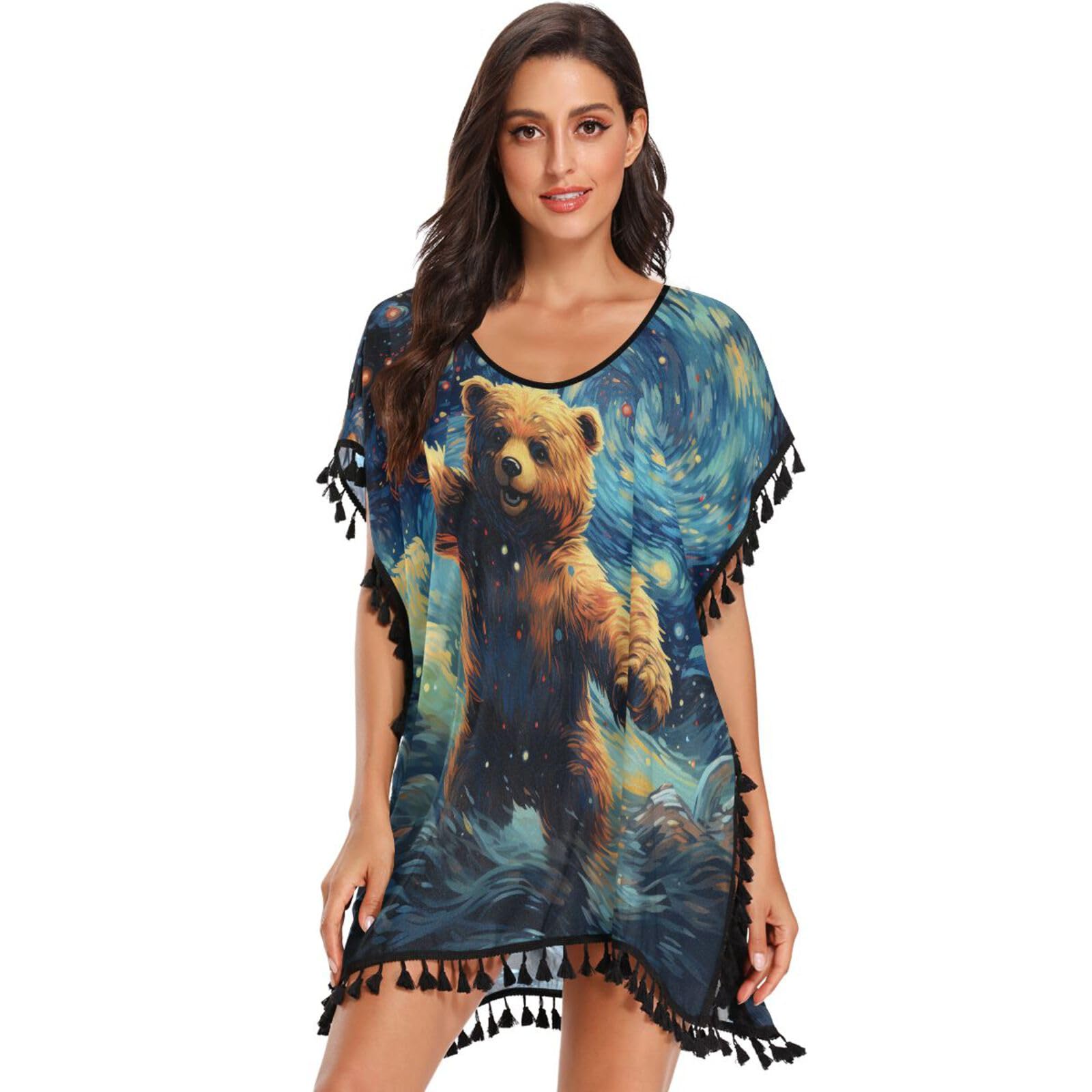 KAAVIYO Artwork Moon Bear Women's Beach Cover Up Chiffon Tassel Swimwear Swimsuit Coverups for Girl