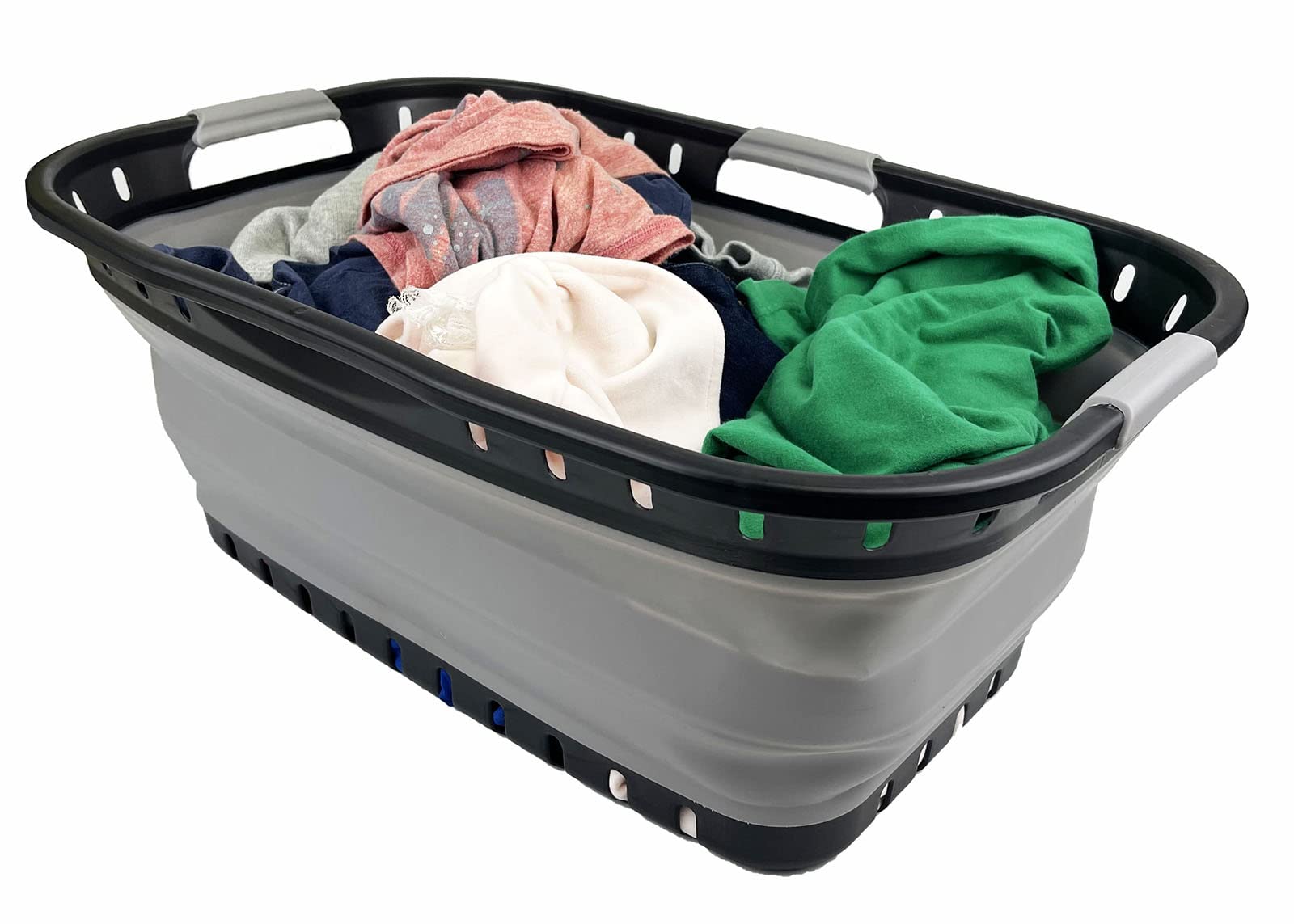 SAMMART 44L Zusammenklappbarer Kunststoff-Wäschekorb – Faltbarer Pop-Up-Aufbewahrungsbehälter–Tragbare Waschwanne–Platzsparender Wäschekorb, Wasserkapazität: 35L (Schwarz/Grau (2er-Set))