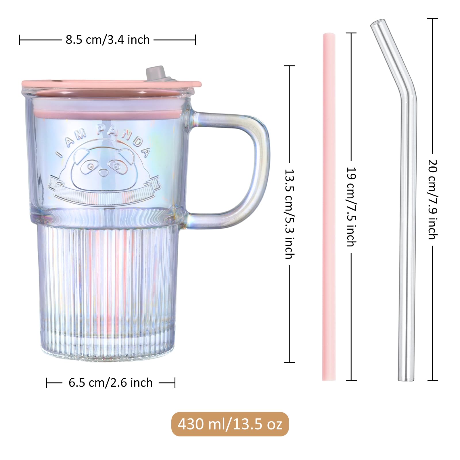 Joeyan 430 ml Iridescente Bicchieri con Cannuccia e Coperchi in Vetro,Tazza da Caffè Ghiacciata con Manico,Bubble Tea Tazza con Motivo,per Frappè Acqua Succhi,Set di 2