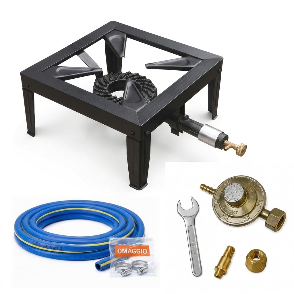 Lemag Fornellone a Gas 40x40 cm in Acciaio Verniciato — Bruciatore in Ghisa 8,5 kW con Rubinetto di Regolazione, Kit Completo Tubo Gas 2 m + Regolatore + Adattatore, per Cucina all'Aperto