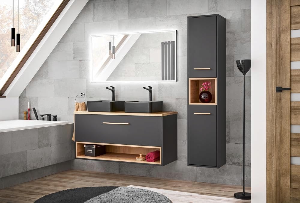 Mobile da bagno sospeso per lavabo da 120 cm, con cassetto e mensola, color grafite opaco/rovere – mobile da bagno