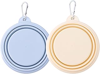 [シリコン製] 折りたたみ ペットボウル 2個セット 犬用 猫用 ペット食器 フードボウル 散歩用 旅行 カラビナ付き (ブルー&イエロー)