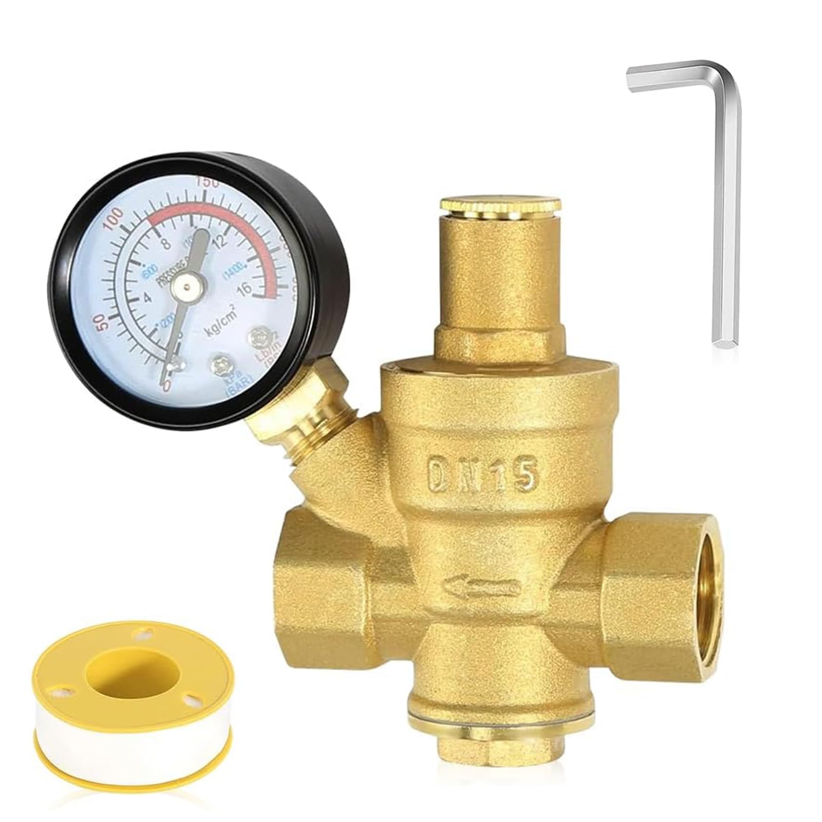 Riduttore di pressione acqua 1/2 pollici DN15 con manometro - regolatore di pressione dell'acqua in ottone, riduttore di pressione dell'acqua regolabile per casa, edifici e industriali, riduttore di