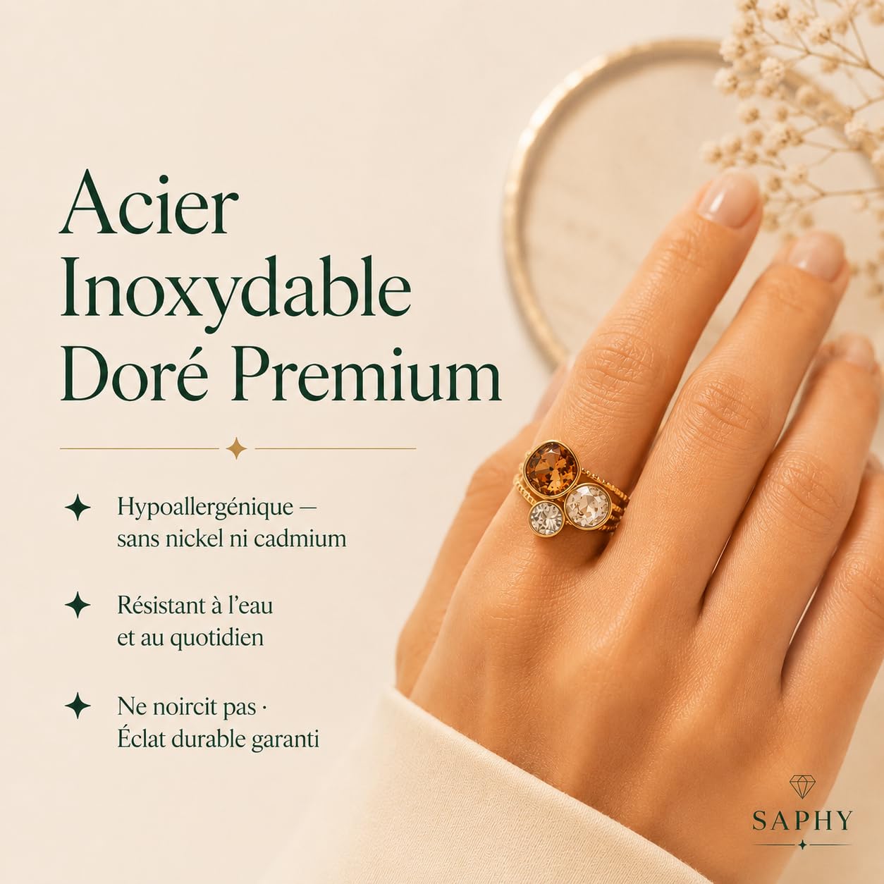 SAPHY Bague femme Cristaux Autrichiens - Acier inoxydable doré - Ajustable - Écrin cadeau - Idée Cadeau Femme