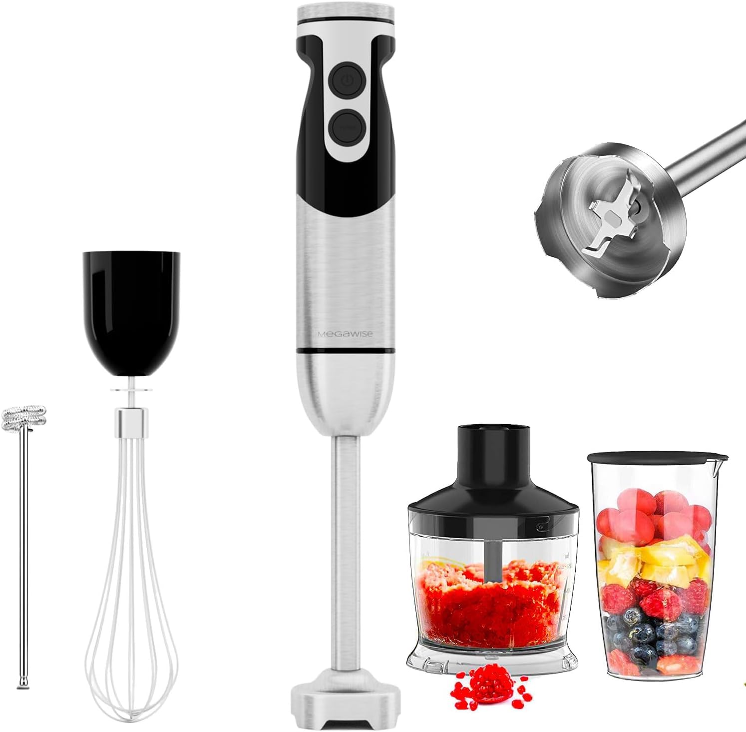 MegaWise Blender Handheld 12-Speed Stainless Steel Electric Hand Blender, 5 in 1 Immersion Handheld Blender?Titanium Blades Hand Blender, Milk Frother Wand,with 600ml Whisk Beaker and Chopper (black)