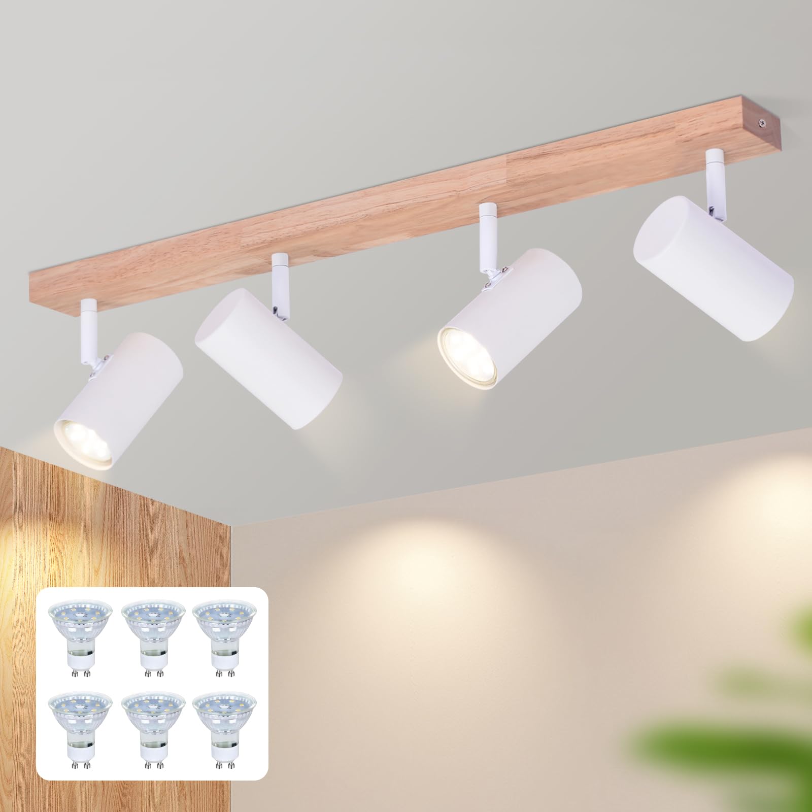 Glitzerlife Lampa Sufitowa 4 Płomień Światło Sufitowe Drewno Sufitowa | Przedpokój Biały Metal Nowoczesne Gniazdo Obrotowy Spot Sufitowy 350° Salonu Sypialnia Kuchnia z 6x 4.8 W GU10 żarówki