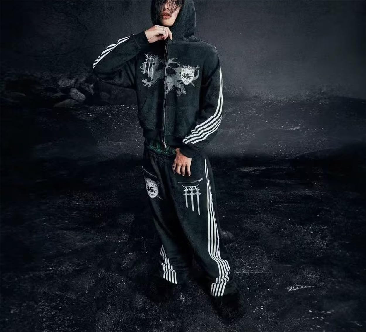 Felpa con cappuccio ampia con zip Y2K grafica con cappuccio felpa gotica oversize hip hop streetwear top