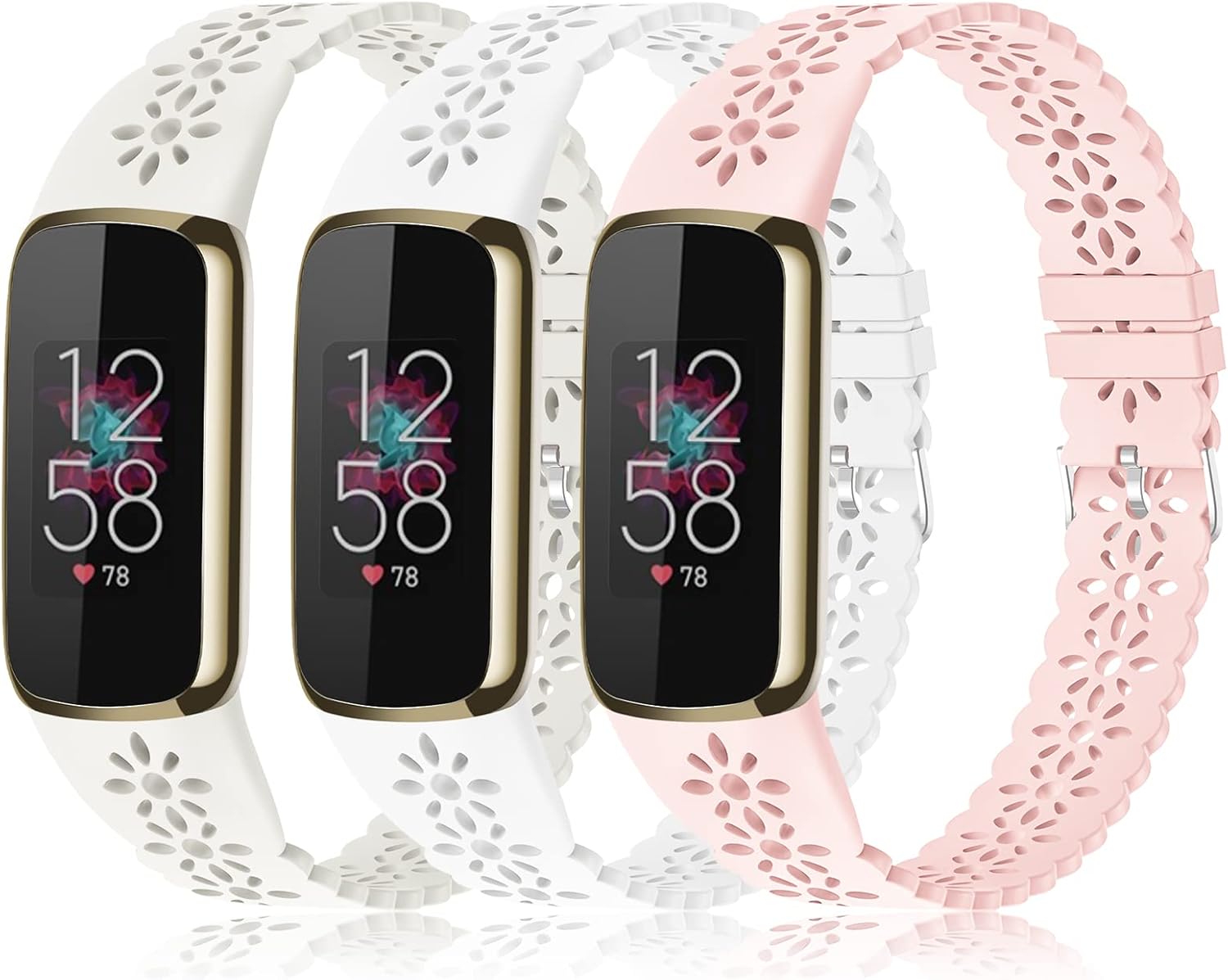 3 Pack Slim Sport Bands Compatible with Fitbit Luxe Band for Women, Soft Silicone Lace Thin Hollow-Out Replacement Wristbands Breathable Bands for Fitbit Luxe Fitness Smart Watch