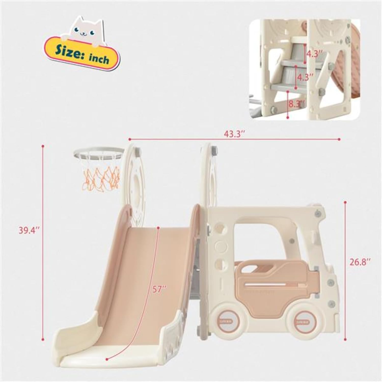 4-in-1 Bus Slide Set, Kids Slide with Bus Ride, Freestanding Bus Toy Set, with Basketball Hoop, Off-White and Light Brown