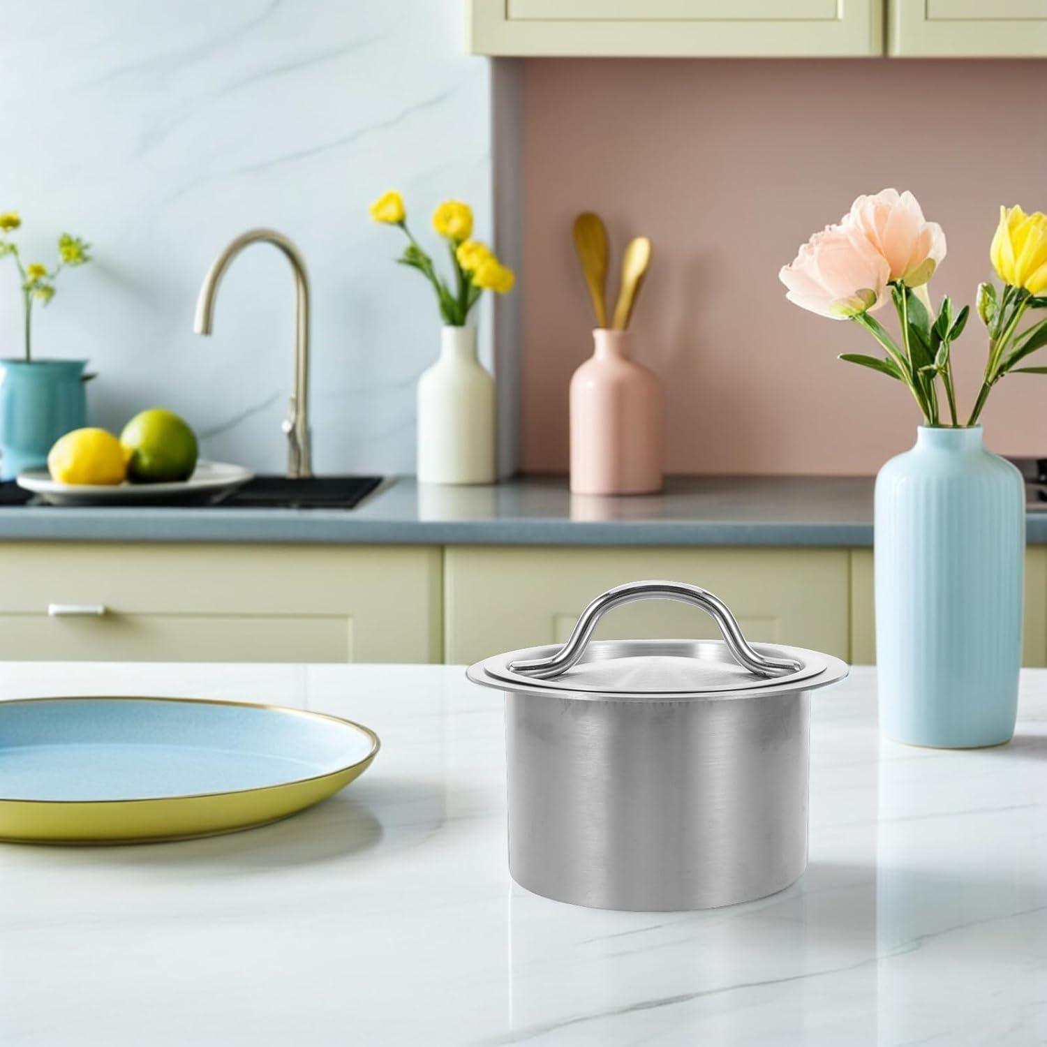 ステンレス製カウンター嵌入式投递口 蓋付き丸型ゴミ穴カバー キッチンワークトップ用み込み型廃棄物投入口 清掃簡単スペース節約