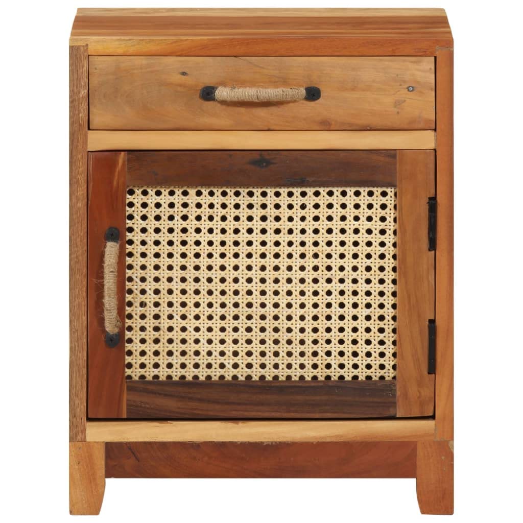 Mesita de Noche de Madera Maciza Reciclada Estilo Vintage con Puerta de Caña Natural, Hecha a Mano con Vetas Únicas, Fácil de Montar para Dormitorio o Salón