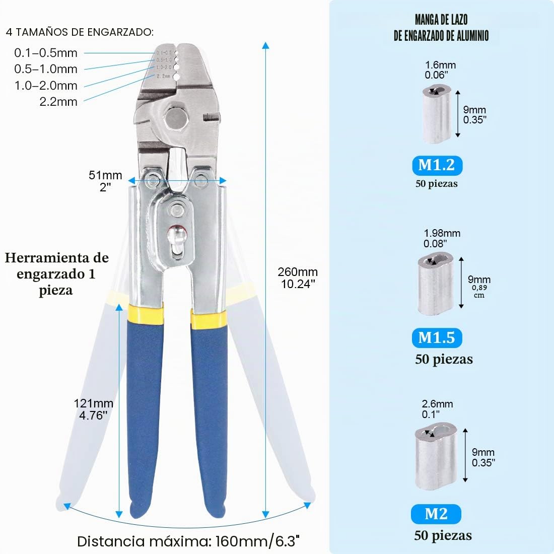 Glarks Crimpadora de cable de alambre, hasta 2,2 mm, 150 unidades, 3 tamaños, aluminio de doble manguito