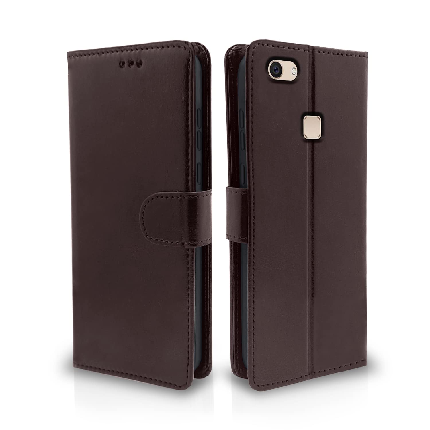 Pikkme Vivo V7 Plus Flip Case Leather Finish | Inside TPU with Card Pockets | Wallet Stand and Shock Proof | Magnetic Closing | Complete Protection Flip Cover for Vivo V7 Plus (Coffee)