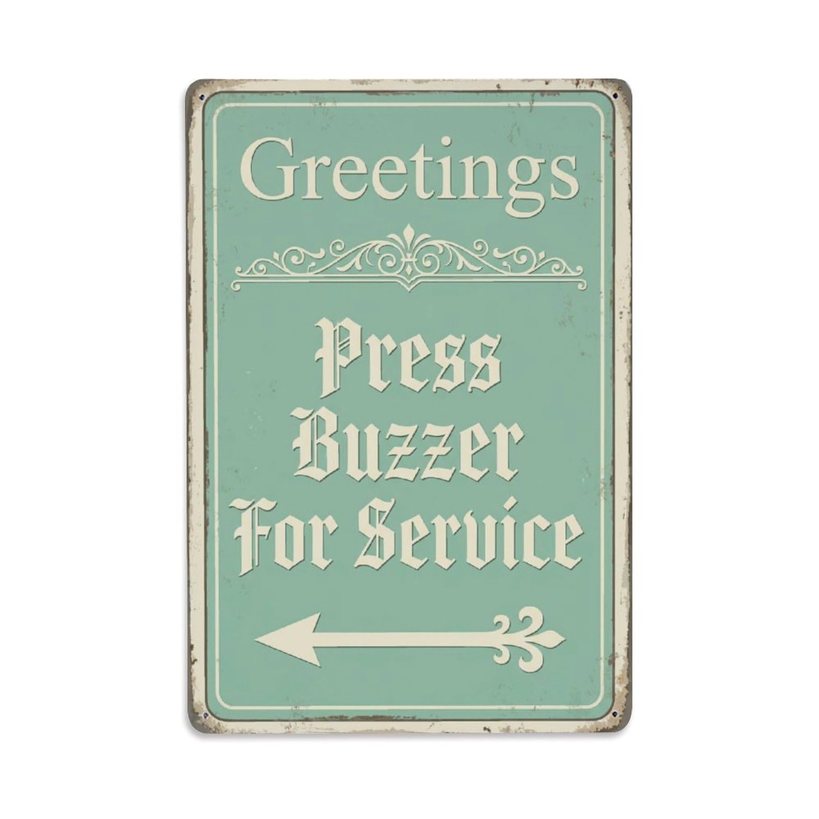 Vintage Greetings Press Buzzer For Service Arrow Border Metal Tin Sign