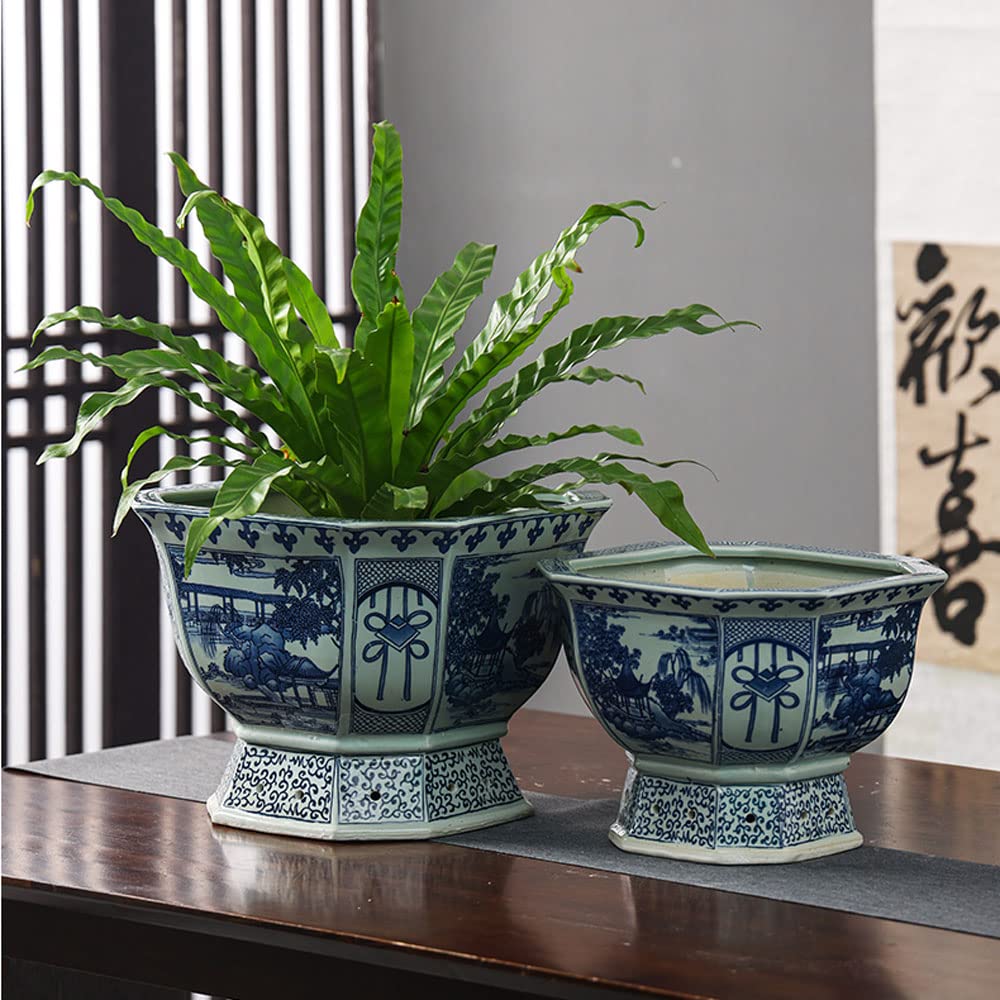 Ceramiczna doniczka, niebiesko-biała porcelana, zielona doniczka, antyczny wzór krajobrazu, zielone rośliny, doniczka, ogrodnictwo, rośliny doniczkowe, porcelana w donicz