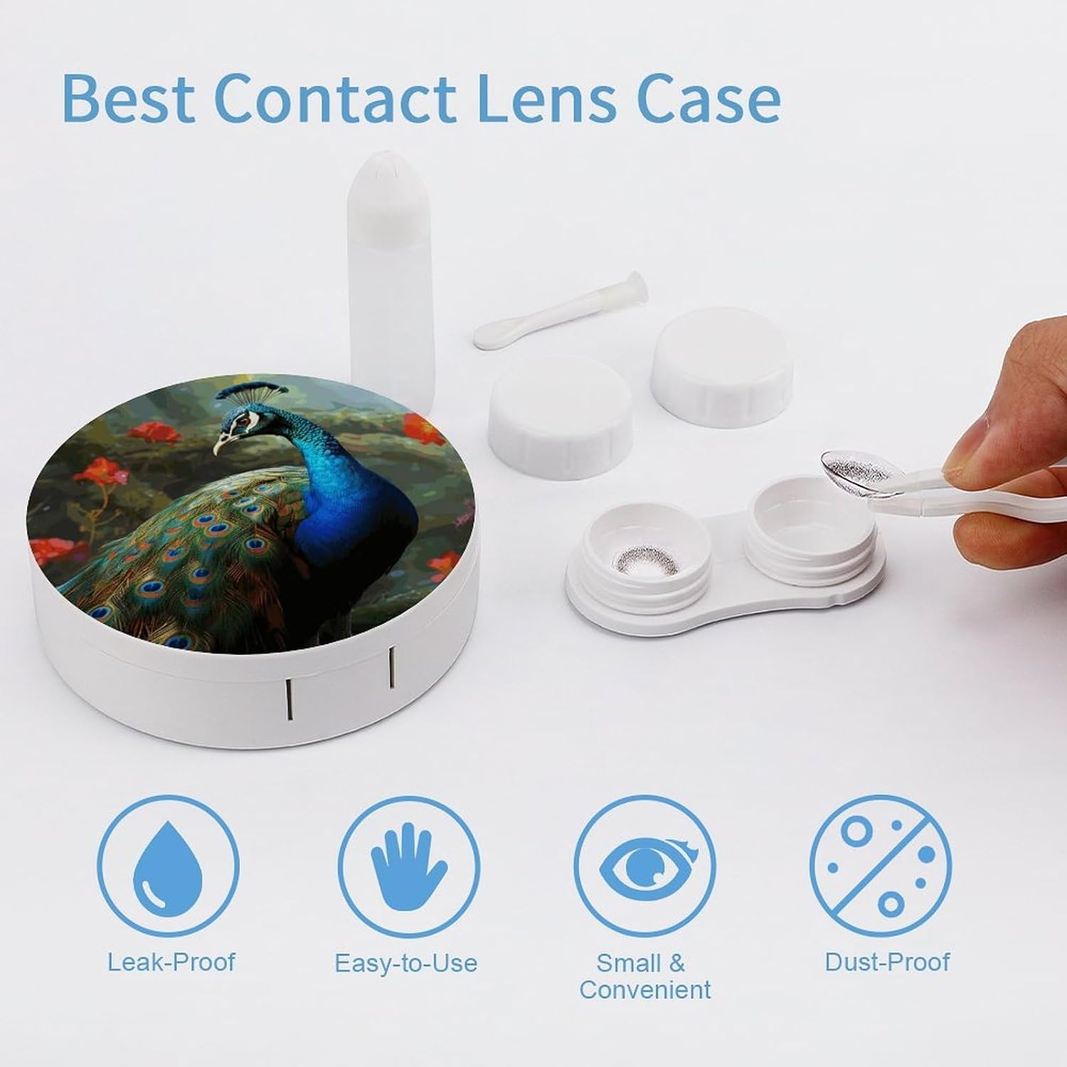 Colorful Peacock Contact Lens Case with Cleaner Washer Cute Contact Lens Soak Storage Holder Container with Mirror Mini Portable Contact Lens Box Set for Travel Outdoor Use