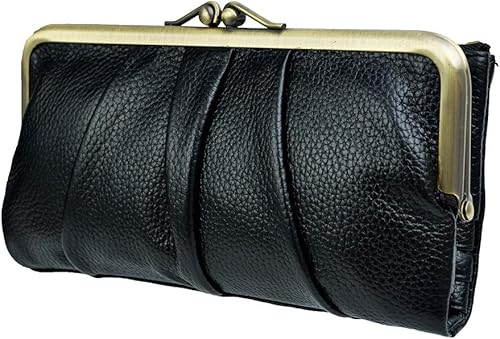 Carteras de cuero suave para mujer compactas plegables RFID monedero con cremallera y bloqueo de beso Negro - Vintage