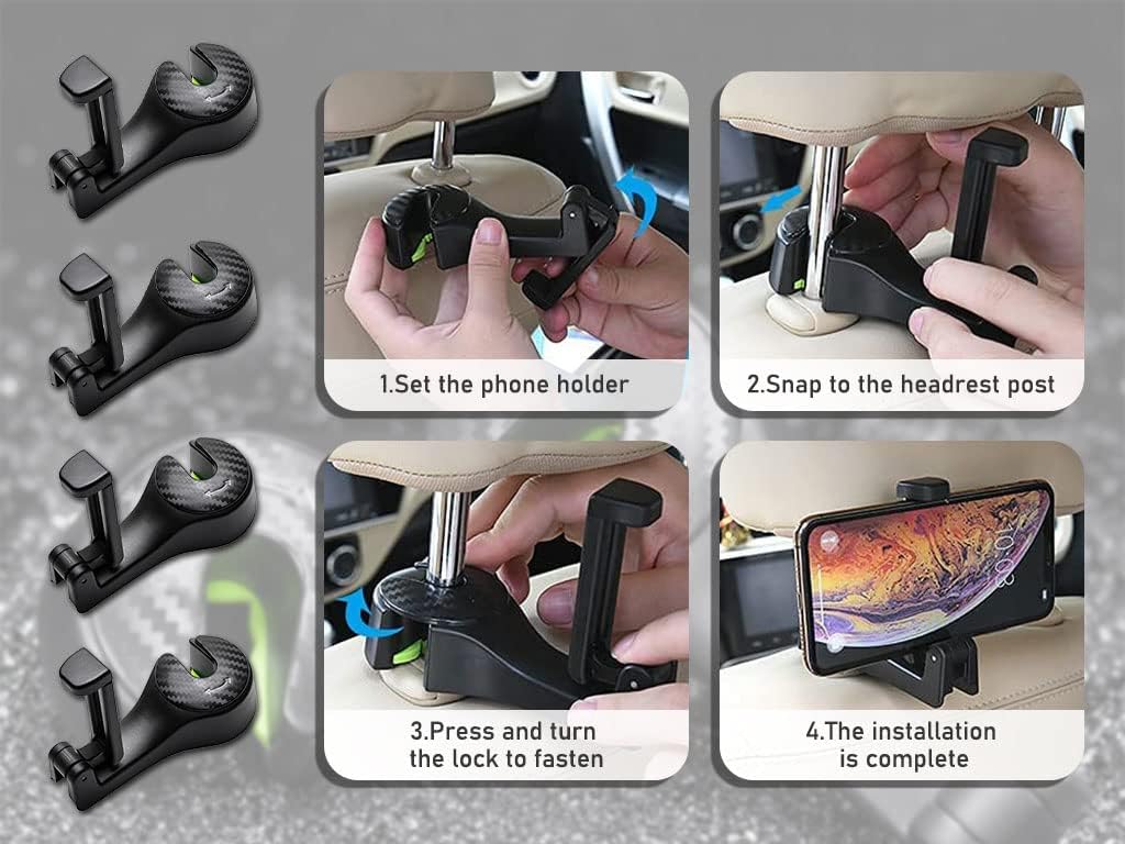 Anlising 4PCS Car Seat Hooks, 2 in 1 Car Headrest Hook with Phone Holder, 360 Rotation, Black image 5