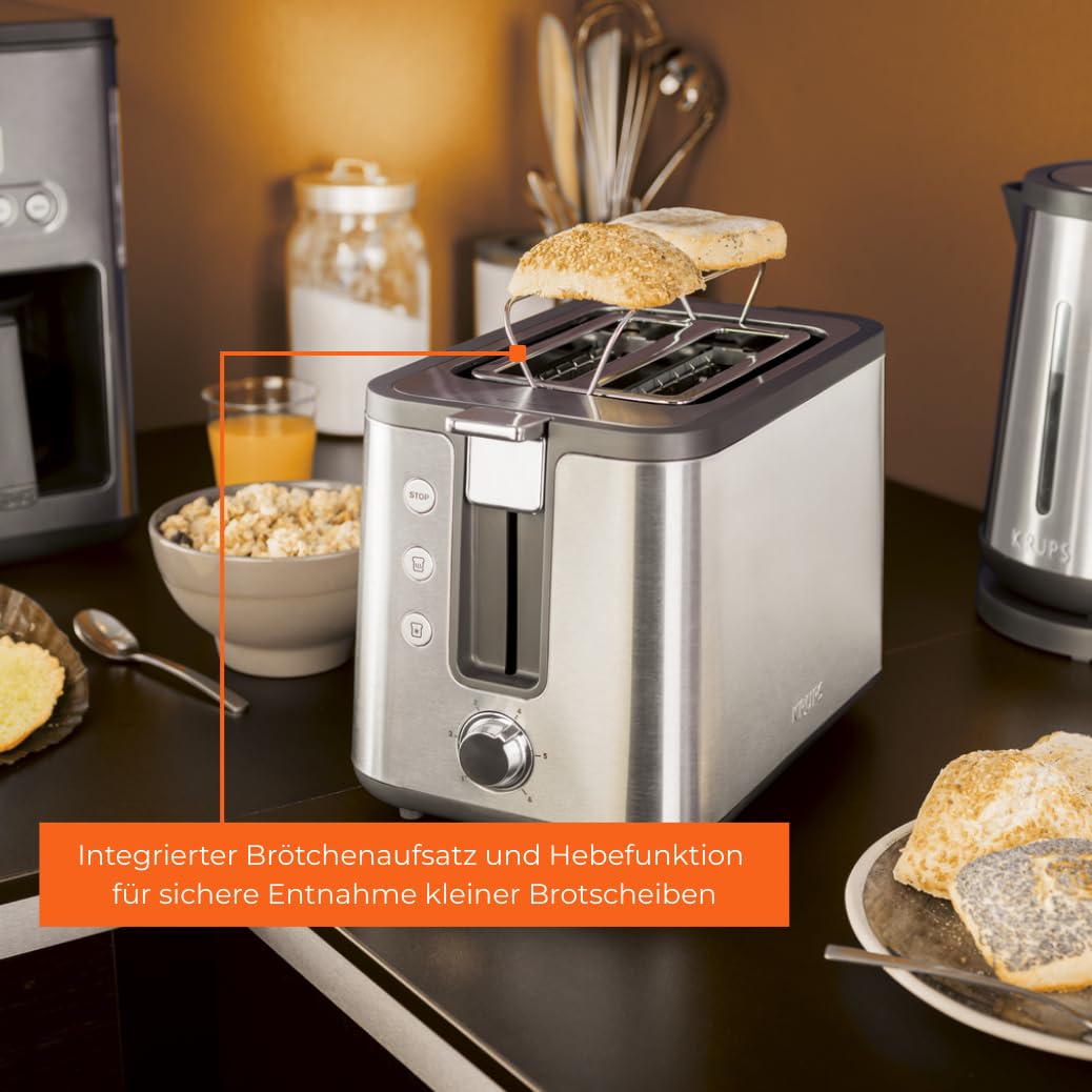 Krups KH442D Control Line Premium Toaster, Edelstahl, 2 kurze Schlitze für 2 Scheiben, Brötchenaufsatz, 6 Bräunungsgrade, 850 W, 23.6 x 32.4 x 20.2 cm, Silber/ Schwarz