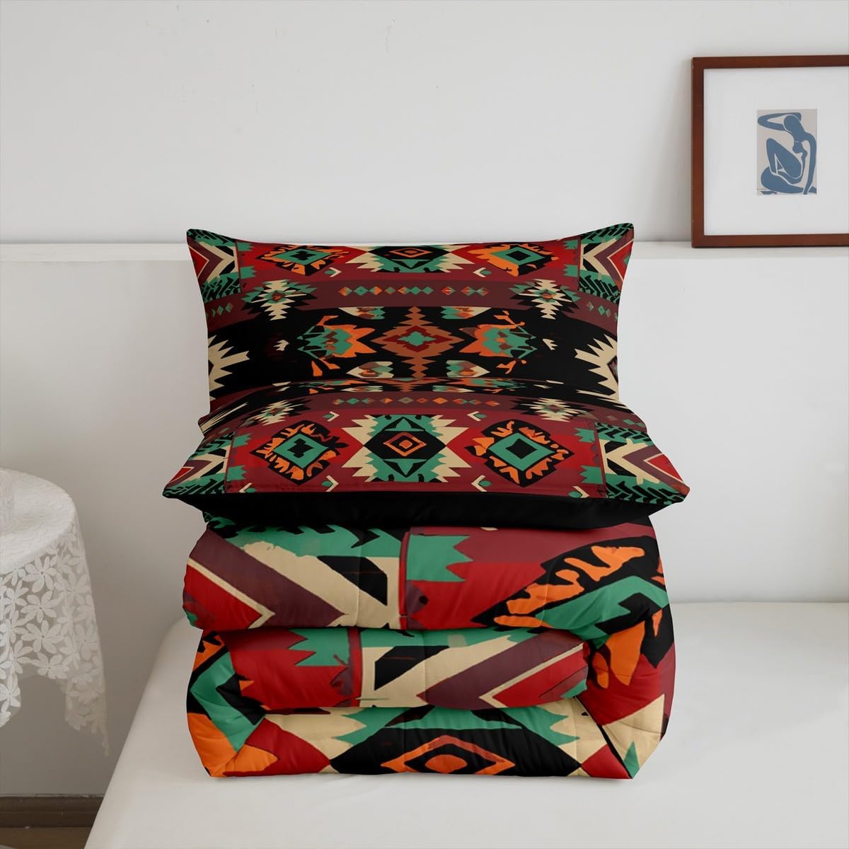 Feelyou Boho Bedding Set Twin Size Kids Southwestern Native Aztec Comforter Cover for Boys Girls Teens Southwest Native American Design Duvet Cover Black Wine Breathable Soft Lightweight Microfiber