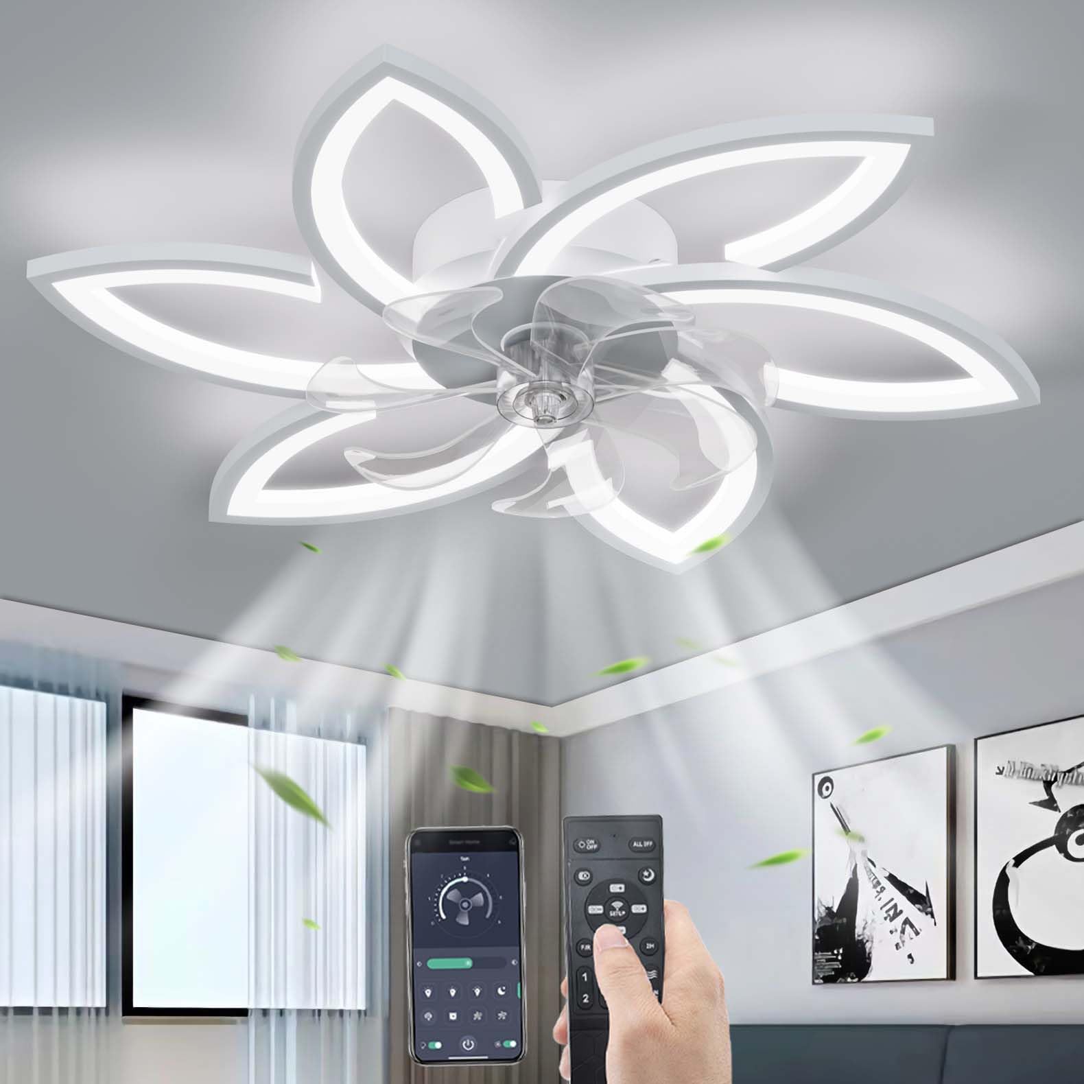 YUNZI Mute Ceiling Fan with Light with Remote Control, LED Dimmable Fan Ceiling Lamp, Modern Ceiling Fan Lighting for Living Room Bedroom Office, Adjustable 6 Speeds, White 78CM