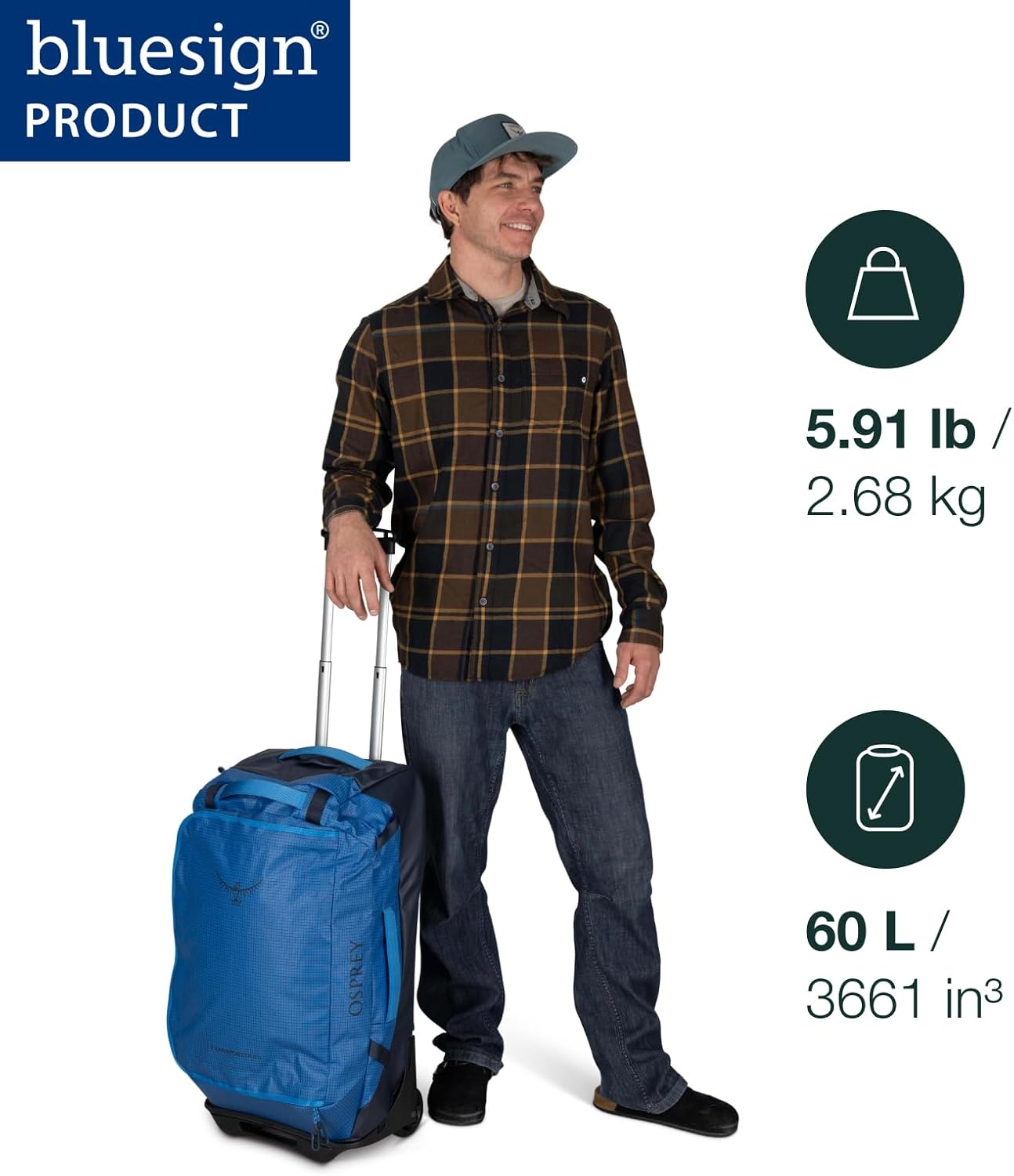 osprey transporter 60l wheeled travel duffel bag - lightweight rolling suitcase for men and women, raven black 60l raven black