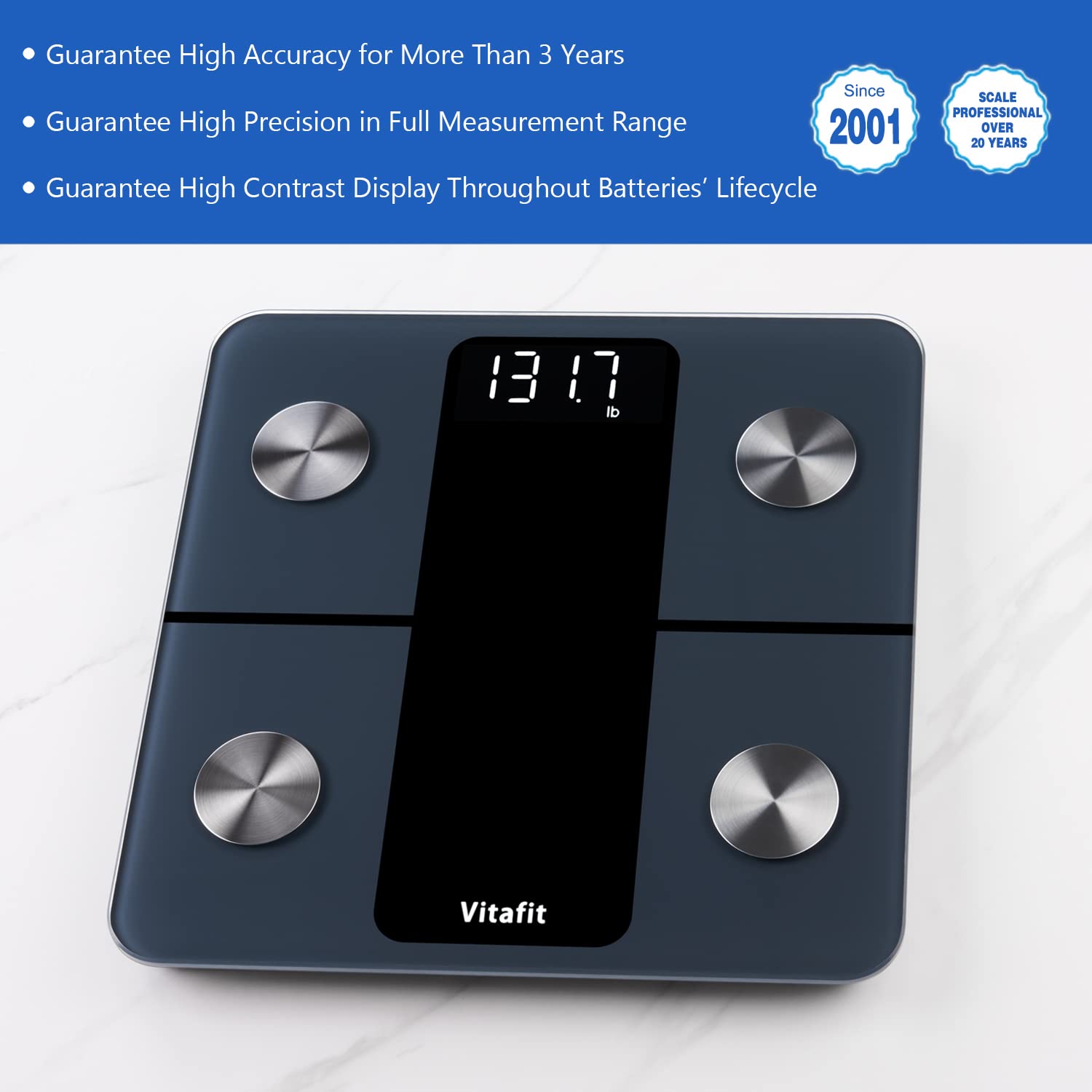 Vitafit Bilancia Pesapersone Professionale, Impedenziometrica Bluetooth con App, Bilancia Pesa Persona Digitale con Misura Peso Corporeo, BMI, Massa Grassa, Muscolaree Ossea, Nero