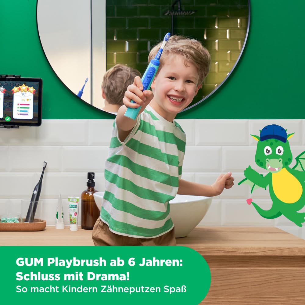 GUM Playbrush JUNIOR 6+ elektrische Zahnbürste | Interaktive Spiel-App | Extra weiche Borsten | 8 Wochen Akku | Stiftung Warentest | 1x Schallzahnbürste, wiederaufladbar | 2 extra Bürstenköpfe | Pink
