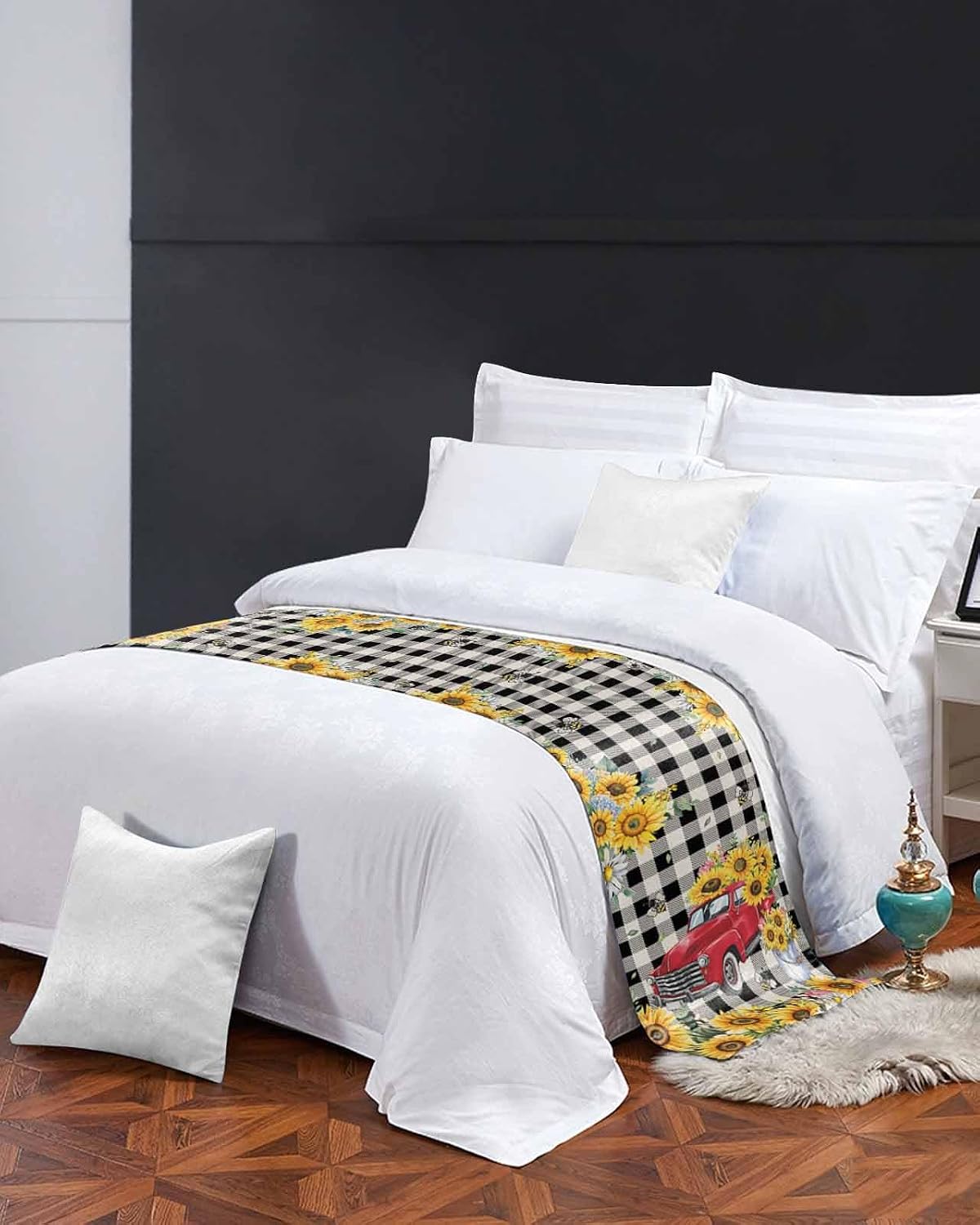 Spring Sunflowers Bed Runner Scarf Full Queen Size, Car Farm Plaid Country Retro Art Luxury Bed Throw Runners & Scarves for Twin Full Queen King Foot of Bed, Bedroom Hotel Decoration, 83"x20"