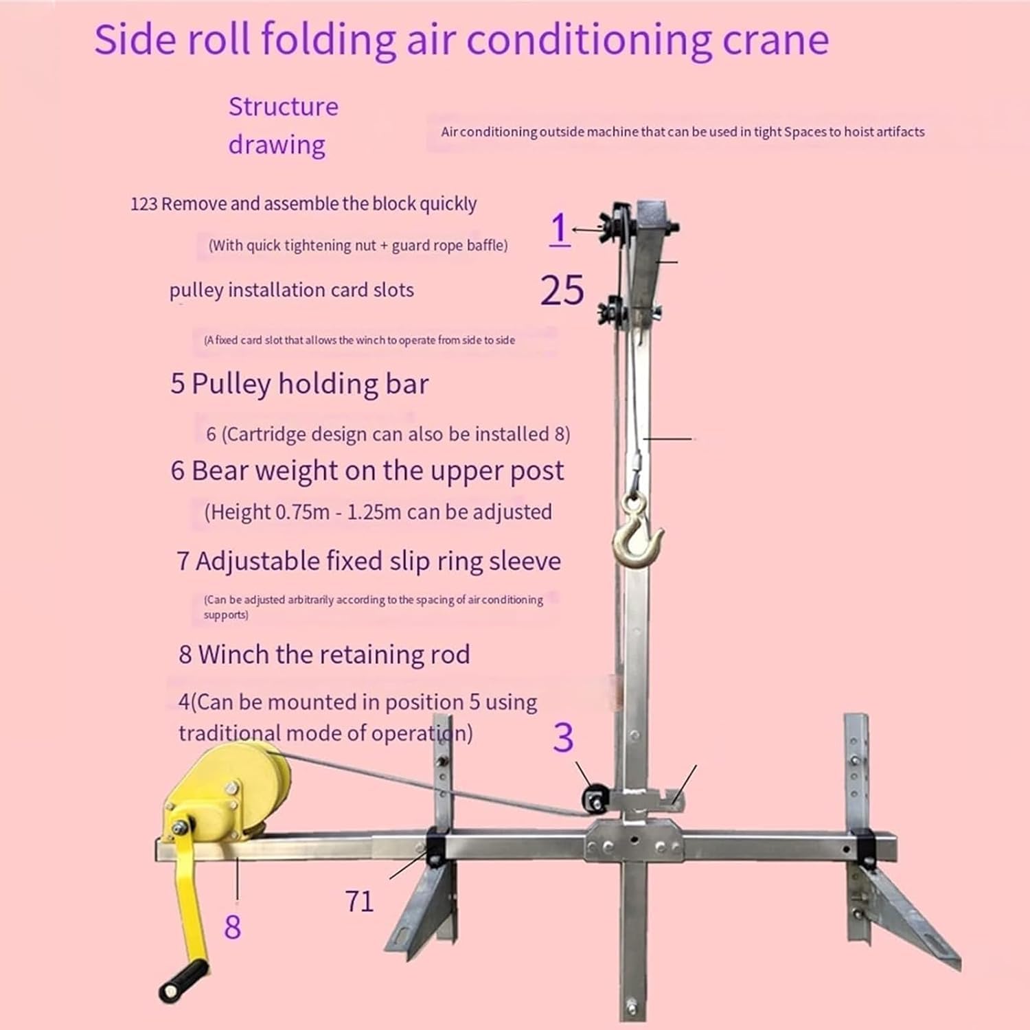 Gru per Sollevamento Condizionatori, Verricelli Manuali, Verricello Pieghevole Laterale + Verricello da 20 M, Set di Verricelli con Sollevamento Laterale Pieghevole, Piccoli Attrezzi per