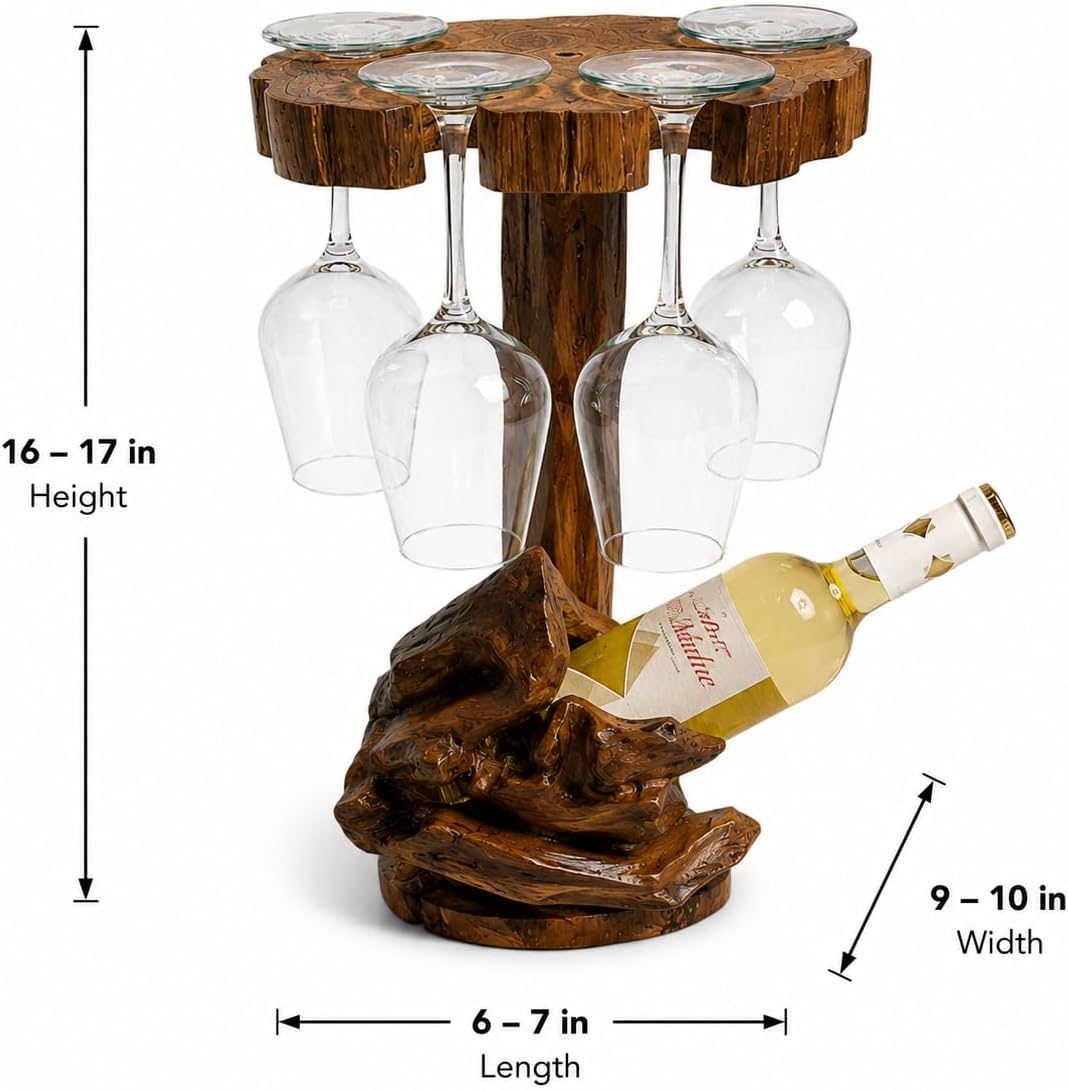 Handmade Solid Teak Wood Wine Holder with Stemware Storage, Round Countertop Wine Rack, Holds 1 Wine Bottle & 4 Wine Glasses, Rustic Home Bar Display image 2