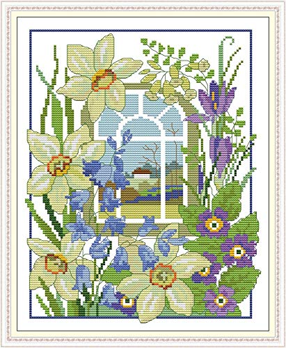 Image of Howie's Needlepoint Cross Stitch Kits, 14CT Pre-Printed Pattern Needlepoint Kits, Full Range of Stamped Starter Kits(The Four Seasons Scenery Window-Winter,11.02 x 13.2 inch)