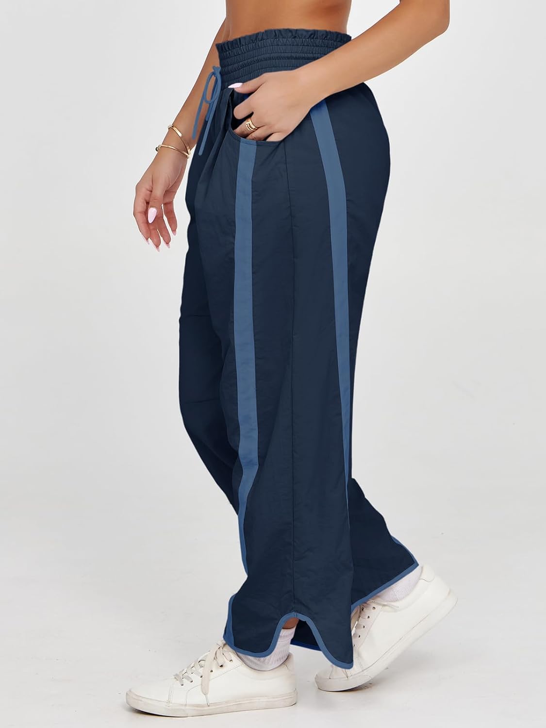 Fisoew Women's Baggy Wide Leg Pants Casual Drawstring Elastic Waisted Contrast Color Workout Y2K Track Pants - Image 2