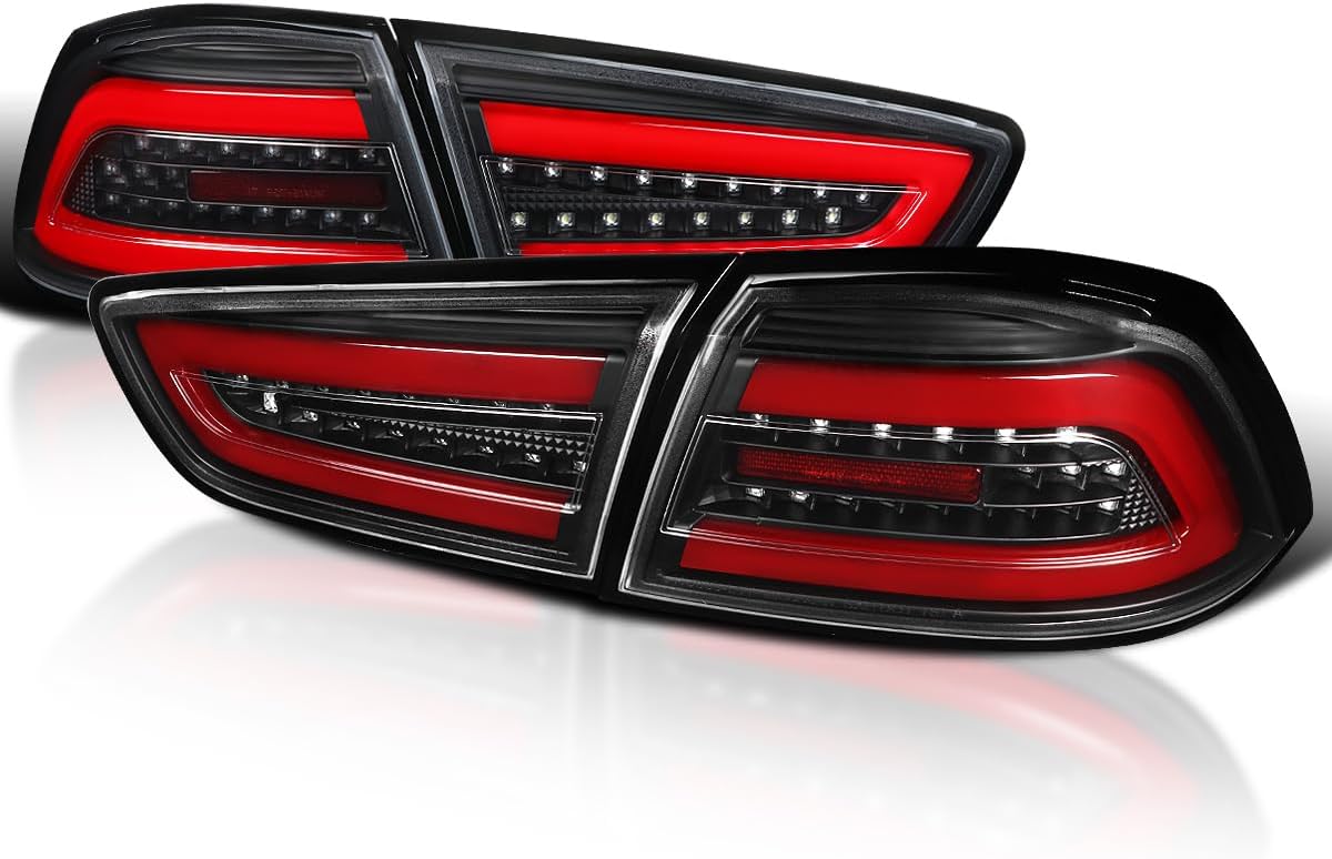 SPEC-D TUNING Black Tail Lights w/Red LED Bar Compatible with 2008-2017 Mitsubishi Lancer, 2008-2015 Mitsubishi Lancer Evolution, Left + Right Pair Assembly
