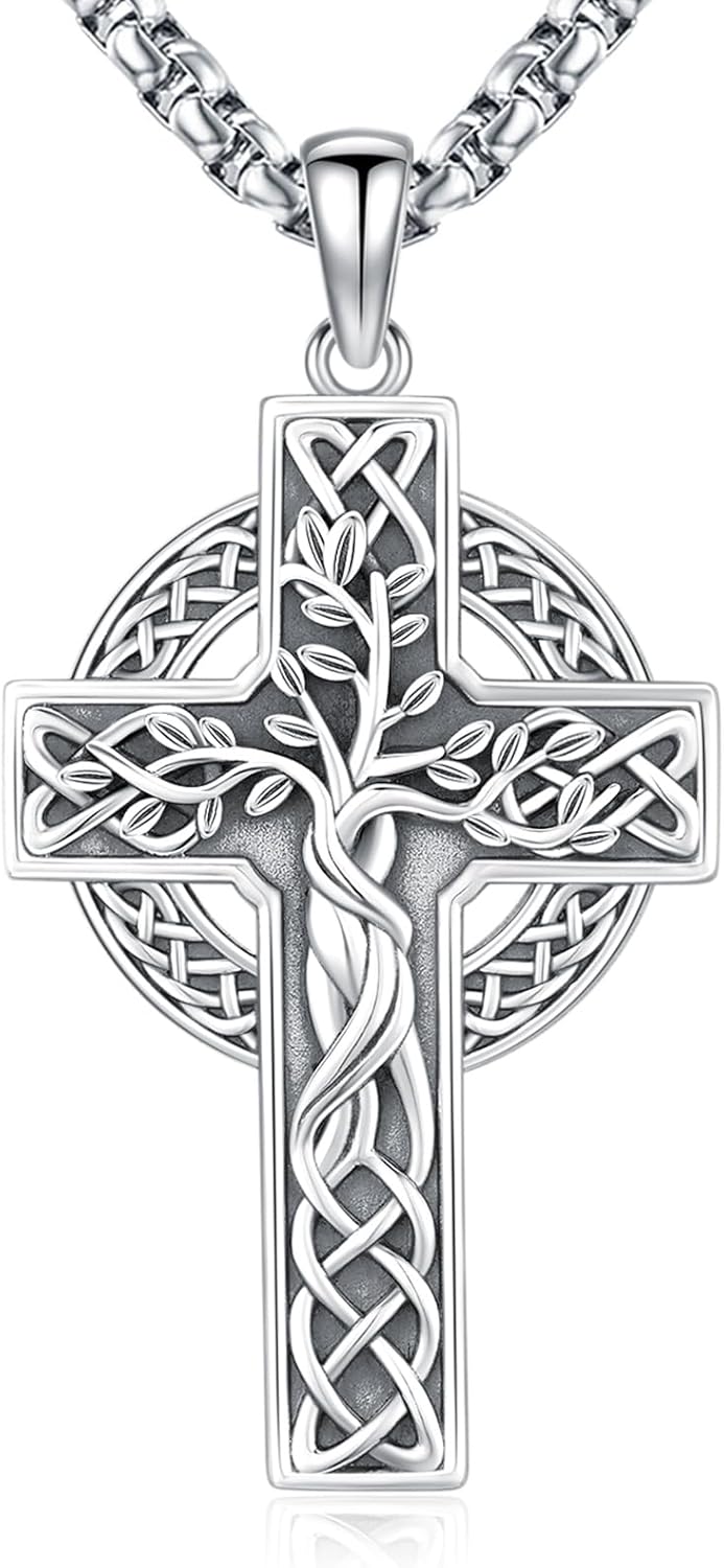 Celtic Cross Necklace Sterling Silver Irish Knot Claddagh Cross Pendant Jewelry for Men with 22"+2" Box Chain
