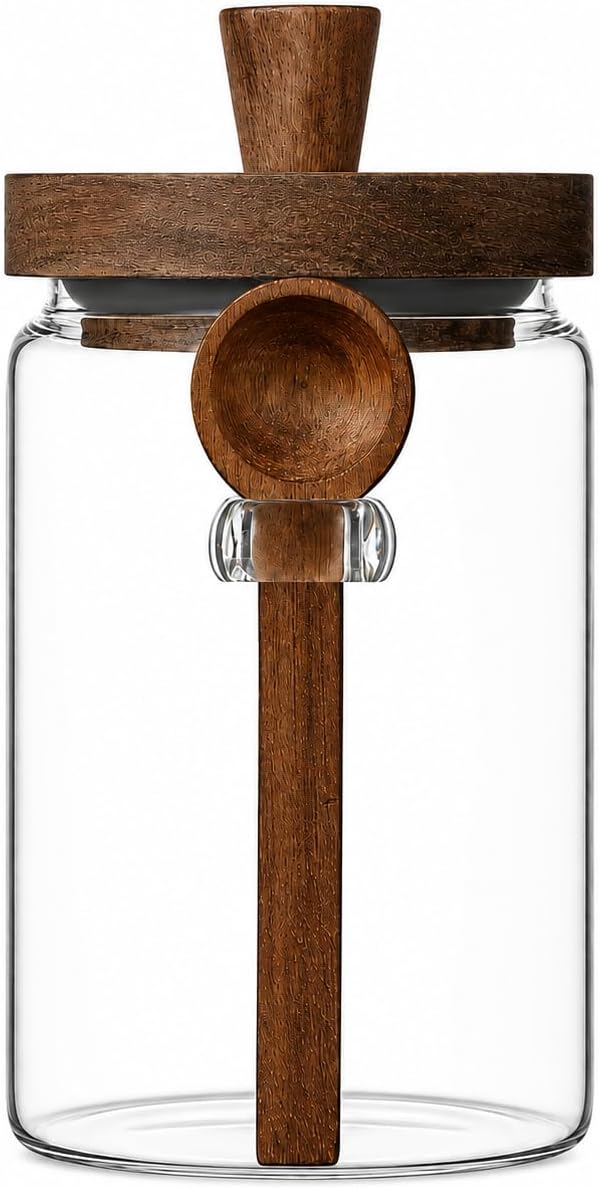 ANSQU Glass Coffee Canister with Wooden Lid, 27 oz Jar with Spoon